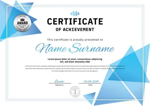 Official white certificate with blue triangle design elements, crown. Busines Stock Illustration