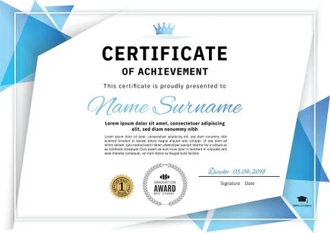 Official white certificate with blue triangle design elements, crown. Busines Stock-Illustration