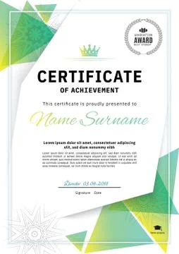 Official white certificate with green triangle design elements. Business clea Stock Illustration