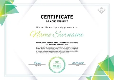 Official white certificate with green triangle design elements. Business clean Stock Illustration