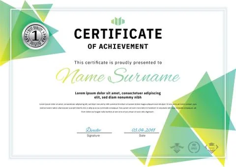 Official white certificate with green triangle design elements. Business clean Stock Illustration