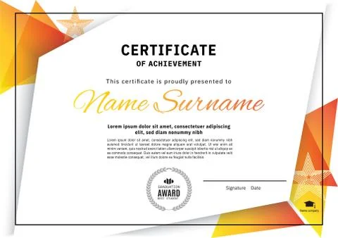 Official white certificate with orange triangle design elements. Business clean Stock Illustration