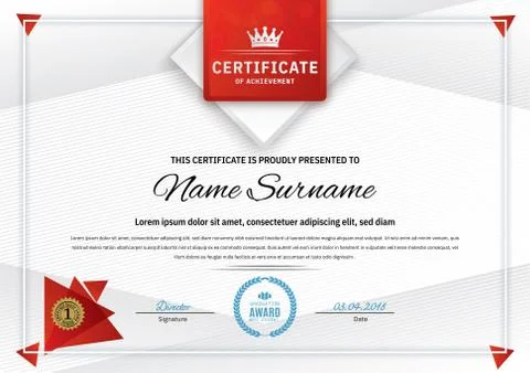 Official white certificate with red triangle design elements, crown. Business Stock Illustration