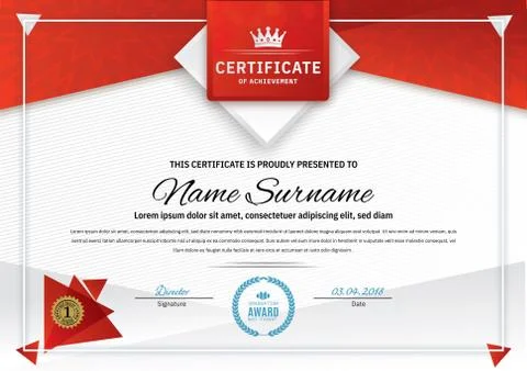 Official white certificate with red triangle design elements, crown. Business Stock Illustration