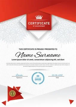 Official white certificate with red triangle design elements, crown. Business Stock Illustration
