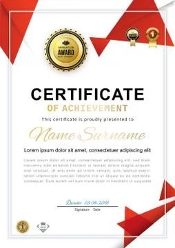 Official white certificate with red triangle design elements, Gold emblems Stock Illustration
