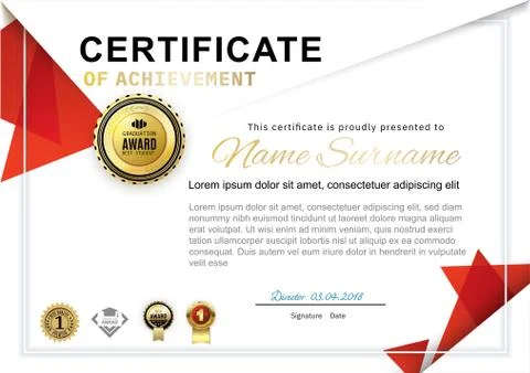 Official white certificate with red triangle design elements, Gold emblems Illustrazione stock