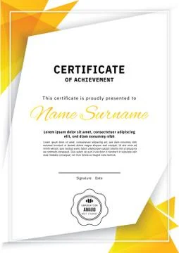 Official white certificate with yellow triangle design elements. Business cle Stock Illustration