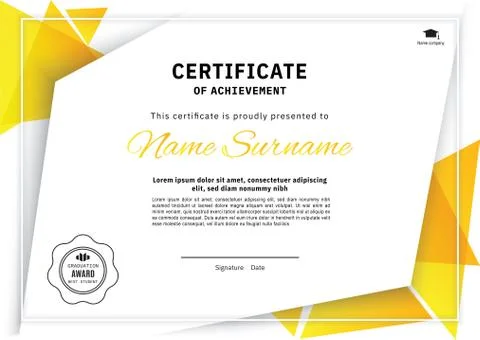 Official white certificate with yellow triangle design elements. Business clean Stock Illustration
