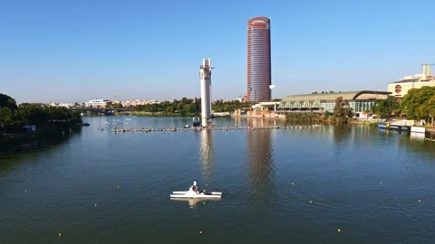 Officials oversee regatta course during World Rowing Cup I 2026 in Seville Stock Footage 336098926
