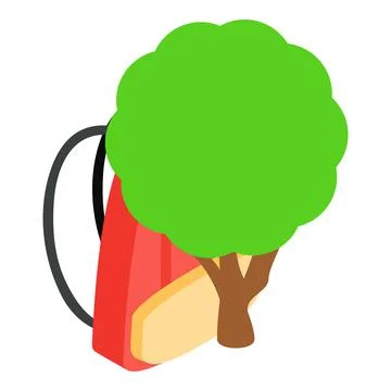 Offline education icon isometric vector. Bright school backpack near green tree Illustrazione stock
