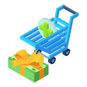 Offline shopping icon isometric vector. Dollar banknote stack and shop cart icon Stock Illustration