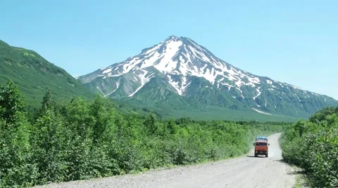 Offroad bus by the volcano, Kamchatka Stock-Footage 66190508