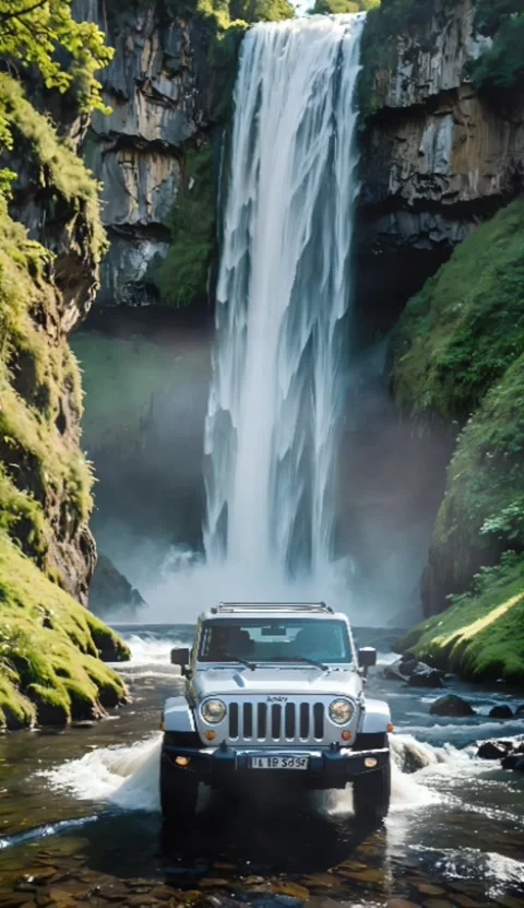 Offroad car under rocky waterfall Stock Footage 284321526