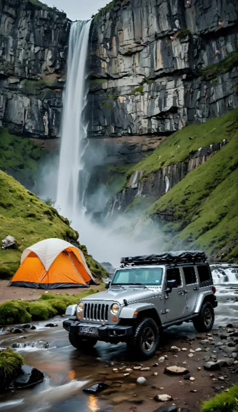 Offroad car under rocky waterfall Stock Footage 284321733