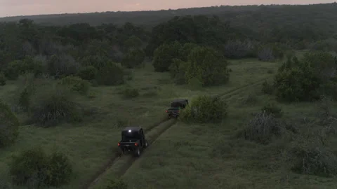 Offroad Utility Vehicles Drive Down Winding Roads in the Backcountry at Sunset Stock Footage 323404884