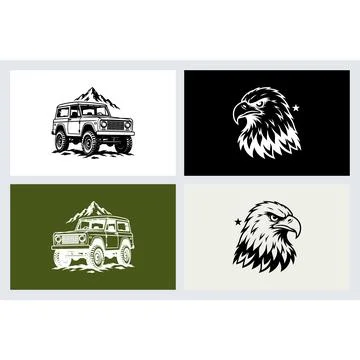 Offroad vehicle and eagle head emblems in monochrome style Stock Illustration