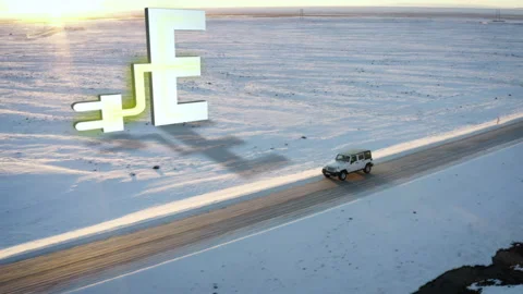 Offroad vehicle driving on road through Nordic winter landscape. Big logo of Stock Footage 256167703