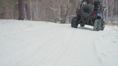 Offroad vehicle maneuvers swiftly beneath pine trees in snowfall. All terrain Stock Footage 346203961