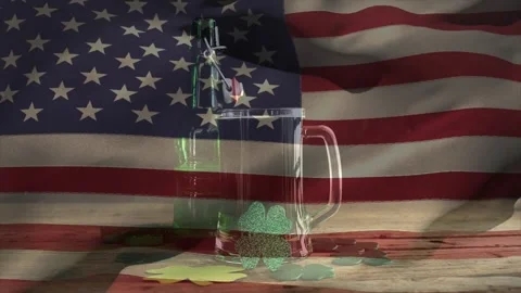 Offscreen breeze moving American flag over mug and bottle, shifting glass Stock Footage 329550899