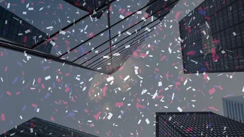Offscreen release sending tricolor confetti falling and rotating amid glass Stock Footage 328685948