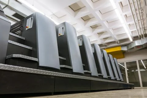 Offset Print Machine Units Industrial Room Factory Equipment CMYK Lithography Stock Photos