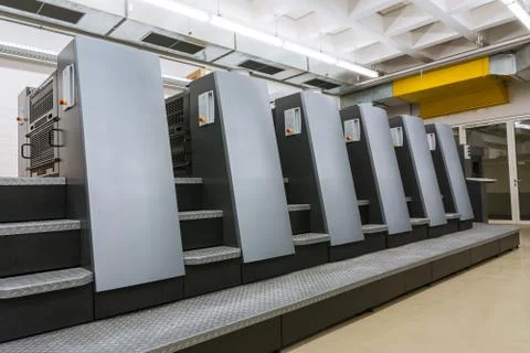 Offset Print Machine Units Industrial Room Factory Equipment CMYK Lithography Stock-Fotos