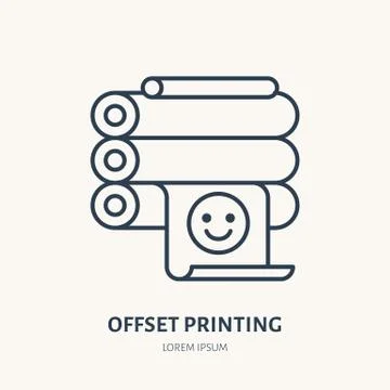 Offset printer with printed paper flat line icon. Printing device sign. Thin 스톡 일러스트
