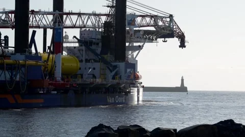 Offshore construction vessel Aeolus departing River Tyne Stock Footage 313928662