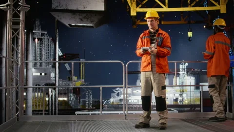 Offshore engineer uses drone for maintenance and inspection of drilling platform Stock Footage 324705908
