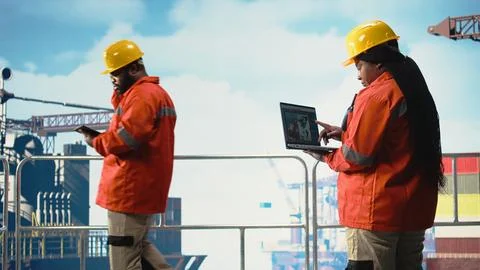 Offshore engineer using laptop to analyze subsea mapping data Stock Photos