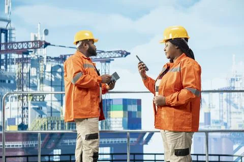 Offshore installation manager and professional supervising deck operations Stock Photos