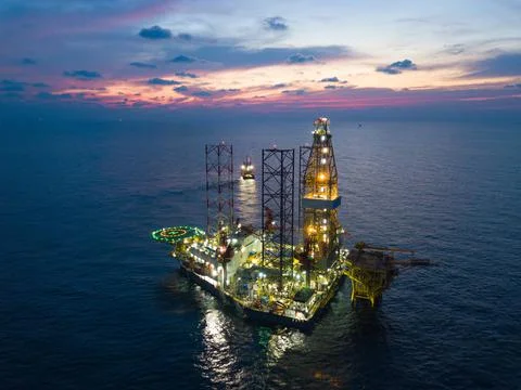 Offshore Jack Up Rig in The Middle of The Sea at Sunset Time for Petroleum Stock-Fotos