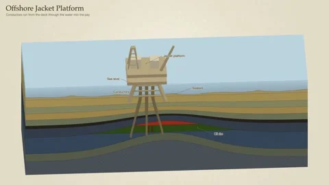 Offshore Jacket Platform Conductors Seabed Oil Reservoir Block Diagram 스톡 동영상 344246058