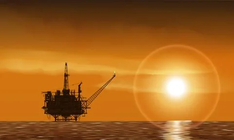 Offshore oil drilling rig, platform. Background sunset sky. Oil production Stock Illustration