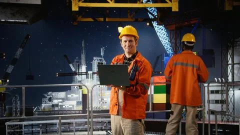 Offshore oil rig engineer evaluate system performance using digital apps Stock Photos