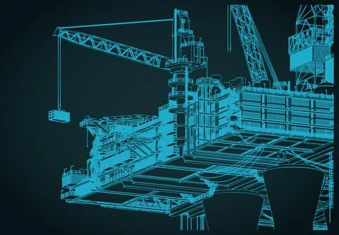 Offshore oil rig platform industrial blueprint Ilustración de archivo