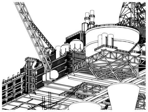 Offshore oil rig platform refinery close up industrial technical drawing Ilustración de archivo