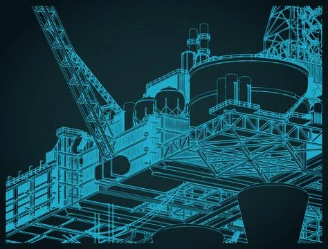 Offshore oil rig platform refinery close up isonetric blueprint Ilustración de archivo