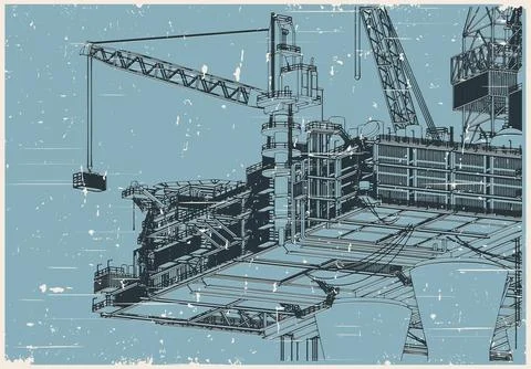 Offshore oil rig platform retro poster illustration Ilustración de archivo
