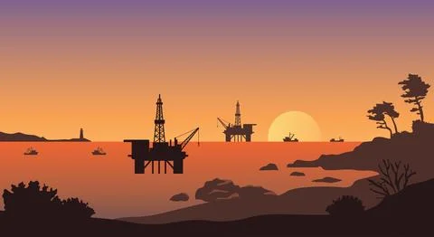 Offshore oil rig platform silhouetted against a vibrant sunset sky. petrole.. Illustrazione stock