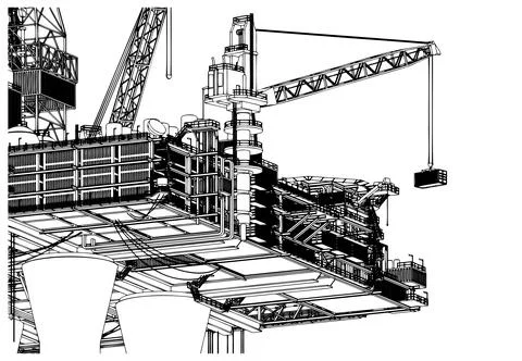 Offshore oil rig platform technical drawing Ilustración de archivo