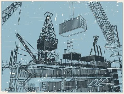 Offshore oil rig platform vintage poster illustration Ilustración de archivo