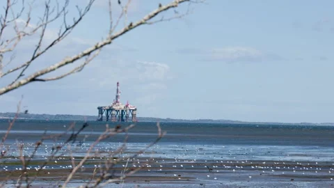 Offshore Oil Rig Viewed Across Cromarty Coastline at Low Tide Vídeo Stock 323159541