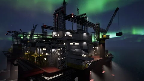 Offshore oil rigs in open sea ready for fuel extraction beneath aurora borealis Video stock 323145698