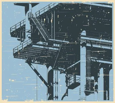 Offshore platform close up retro poster Stock Illustration