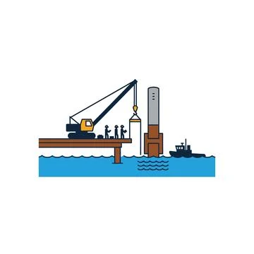 Offshore platform construction with tugboat and crane with signifies industri Stock Illustration