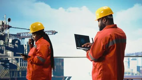 Offshore platform crew using artificial intelligence program on laptop Stock Photos