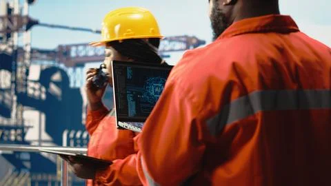 Offshore platform crew using artificial intelligence program on laptop Stock Photos