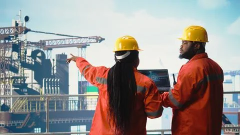 Offshore platform crew using artificial intelligence program on laptop Stock Photos